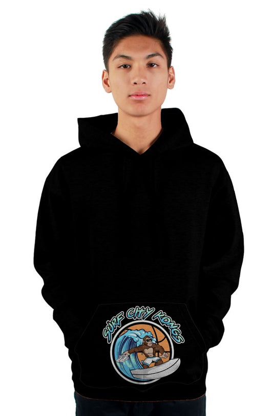 Surf City Kongs Pullover Hoodie with Printed Kangaroo Pocket - Black
